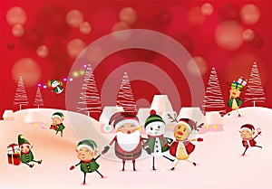 Merry Christmas. Collection of funny Cheerful snowman, little elves, Santa clause, reindeer.Holiday greeting card