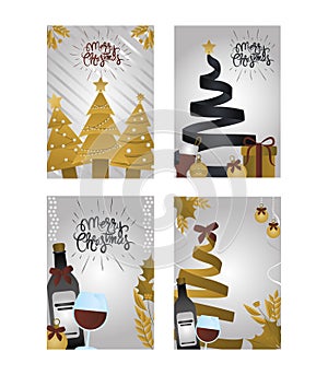 Merry christmas, collection icons greeting cards golden trees, wine bottle over silver background