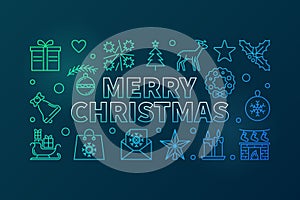 Merry Christmas colored thin line vector horizontal illustration