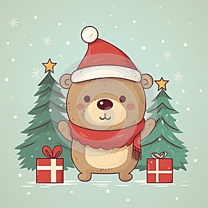 Merry Christmas colorful card with cute bear.