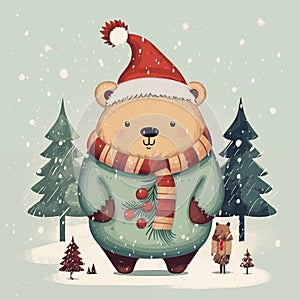 Merry Christmas colorful card with cute bear.