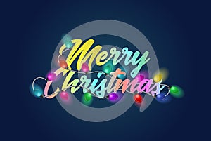 Merry Christmas colorful text title with bautiful garland lights. Holiday vector illustration.