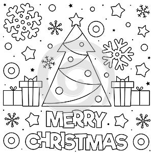 Merry Christmas. Coloring page. Black and white vector illustration.