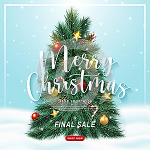 Merry Christmas composition 3D realistic pine fir tree with deocration ornaments on the snow ground