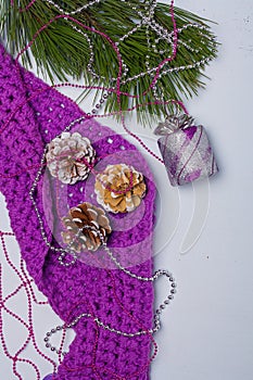 Merry Christmas composition. Flatlay of purple scarf, pine tree branch with silver toy, beads and painted cones. Vertical shot