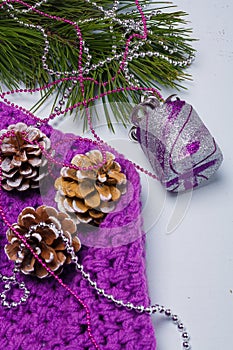 Merry Christmas composition. Flatlay of purple scarf, pine tree branch with silver toy, beads and painted cones. Vertical shot