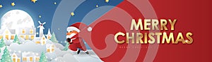 Merry christmas composition in paper cut style.Santa Claus with a huge bag on the run to delivery christmas gifts. Vector