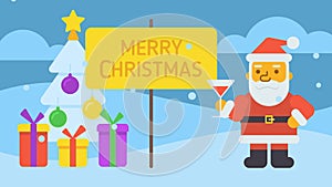 Merry Christmas composition Santa holding glass and winking. Greeting video card