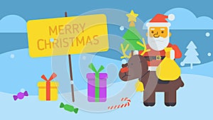 Merry Christmas composition Santa sitting on reindeer holding gift bag and Christmas tree. Greeting video card