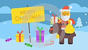 Merry Christmas composition Santa sitting on reindeer holding gift bag and gift box. Greeting video card