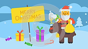 Merry Christmas composition Santa sitting on reindeer holding gift bag and megaphone. Greeting video card
