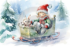 Merry Christmas concept, boy rides a sleigh and laughs on winter forest background