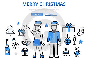 Merry Christmas concept flat line art vector icons
