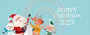 Merry Christmas concept with Santa Claus, winter animals and holiday congratulation.