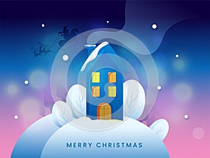 Merry Christmas Concept With Snowy Chimney House, Silhouette Santa Claus Riding Reindeer Sleigh On Gradient Blue And Pink Bokeh