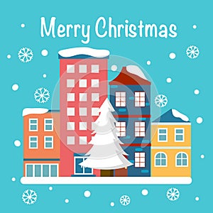 Merry Christmas concept vector illustration. Building, Christmas tree with snowflakes in winter. Design for banner, poster and gre