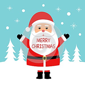 Merry Christmas concept vector illustration. Santa Claus standing on snow with Christmas tree on background. Design for web, banne