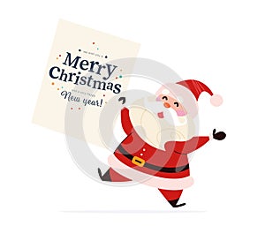 Merry Christmas congratulation banner with funny Santa Claus character and holiday text congratulation isolated.