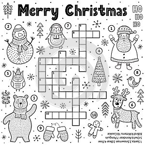 Merry Christmas crossword game for kids. Black and white educational activity page for coloring