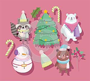 Merry christmas, cute animals bear snowman raccoon tree candy cane and hat icons cartoon