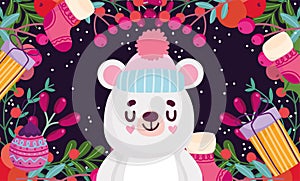 Merry christmas, cute bear with gifts sock balls and holly berry foliage decoration card