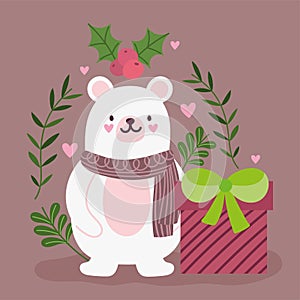 Merry christmas, cute bear with scarf and gift box and floral decoration card for greeting