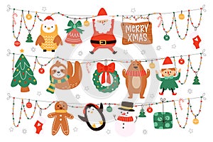 Merry Christmas cute characters hanging on rope, funny winter holiday decorations isolated set