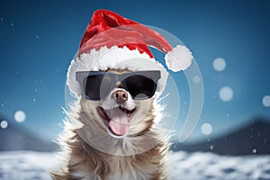 Merry Christmas: Cute Doggy Celebrating the Festive Season with Santa& x27;s Hat and a Funny Winter Costume, Sitting on a