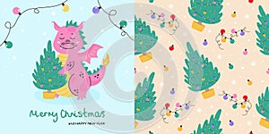 Merry Christmas cute dragon with christmas tree