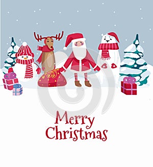 Merry Christmas cute greeting card with winter characters. Vector illustration