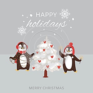 Merry Christmas cute penguins greeting card vector illustration. Two cartoon penguins decorating winter snowy xmas tree
