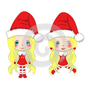 Merry Christmas with Cute Santa Girl Jumping. Pompom Hat and Outfit Santa Claus Costume. Beautiful Young Woman Vector