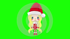 Merry Christmas with Cute Santa Girl Jumping. Pompom Hat and Outfit Santa Claus Costume. on a Green Screen