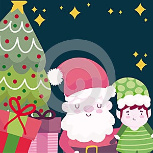 Merry christmas, cute santa helper tree and gifts card