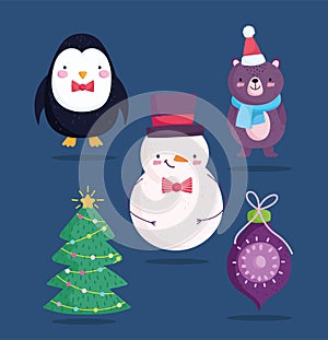 Merry christmas, cute snowman bear penguin ball and tree cartoon icons