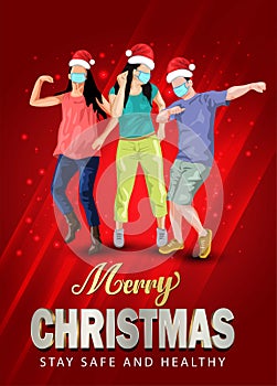 Merry christmas Dance Night Party Flyer design with group of people dancing with santa hand and wearing surgical mask. coronavirus