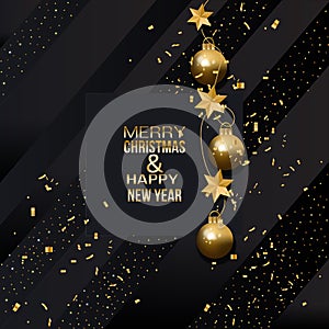 Merry Christmas dark greeting card with Christmas golden decoration and gold text