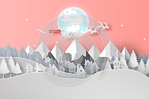 Merry Christmas day background.Landscape city view mountain winter snow season.Holiday festival Santa Claus with reindeer on sky.