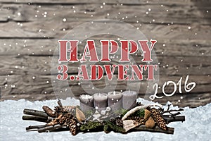 Merry Christmas decoration advent 2016 burning grey candle Blurred background snow text message englisch 3rd