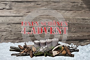 Merry Christmas decoration advent burning grey candle Blurred background snow text message german 4th
