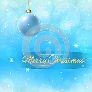 Merry Christmas decoration background. 3d blue bauble. Stars, glitter and white winter snowflakes. Bright xmas card