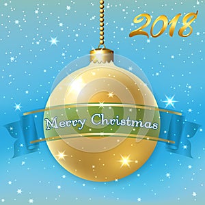Merry Christmas decoration background with 3d gold ball. Stars, glitter, golden bauble, blue ribbon, white winter