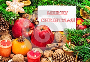 Merry Christmas! Decoration candles fruits cookies