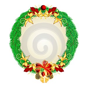 Merry Christmas decoration wreath spruce and  Cloverleaf and horseshoe pigg and festive poinsettia watercolor vintage vector