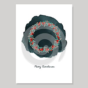 Merry Christmas decorative vintage greeting card, invitation. Holiday floral circle, frame. Winter wreath of hand drawn