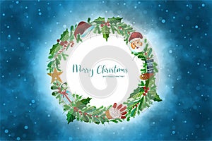 Merry christmas decorative wreath on blue card background
