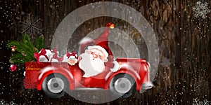 Merry Christmas design card with Santa Claus driving red car on snowy hills.