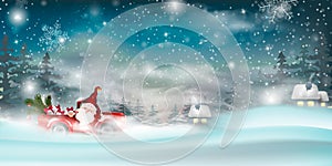 Merry Christmas design card with Santa Claus driving red car on snowy hills.