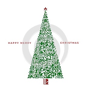 Merry Christmas design with Christmas tree made from scan QR code pattern. Vector