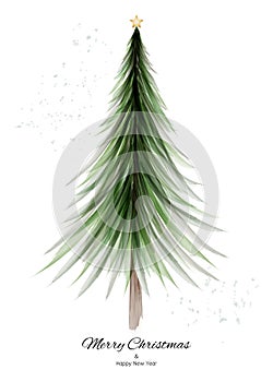 Merry Christmas design with green tree watercolor on white background
